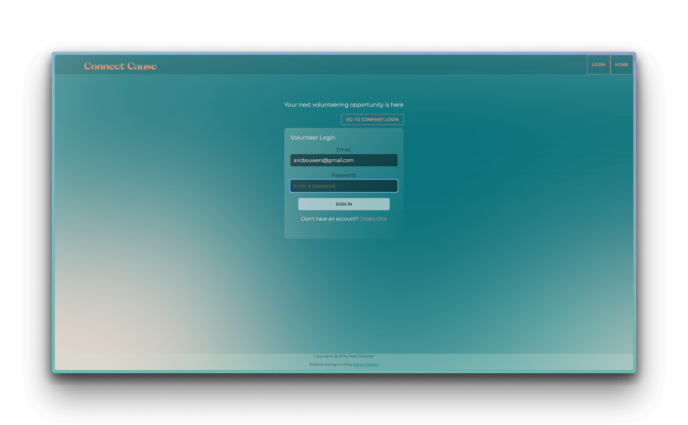 Connect Cause Login and Signup Page Screenshot